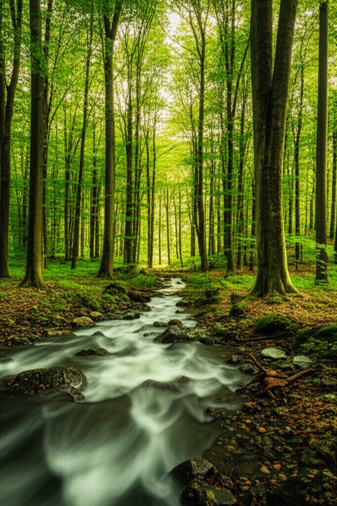 Fotografia paesaggistica di una foresta di faggi matura con elevata complessità strutturale in Germania. Obiettivo grandangolare 10mm, long exposure per rendere l'acqua di un ruscello setosa e le nuvole sfumate, messa a fuoco nitida su tutta la scena. La luce del tardo pomeriggio filtra tra le chiome dense e irregolari, creando giochi di luce e ombra che evidenziano la varietà di altezze e forme degli alberi (alcuni alti e maturi, altri più giovani), la presenza di legno morto a terra e un sottobosco rigoglioso. Sensazione di frescura, umidità e tranquillità emanata dalla scena.
