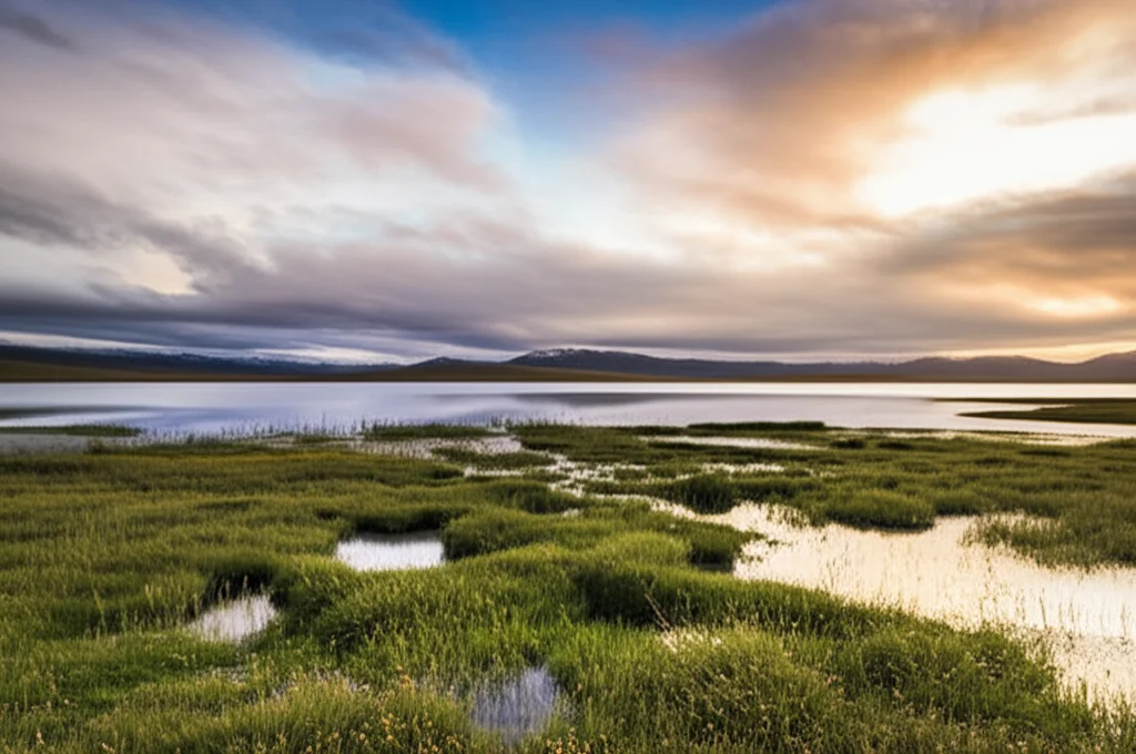 Fotografia paesaggistica grandangolare 10mm della regione del Lago Qinghai, che mostra la diversità della vegetazione alpina e le acque del lago. Messa a fuoco nitida, lunga esposizione per nuvole e acqua, luce dorata del tramonto.