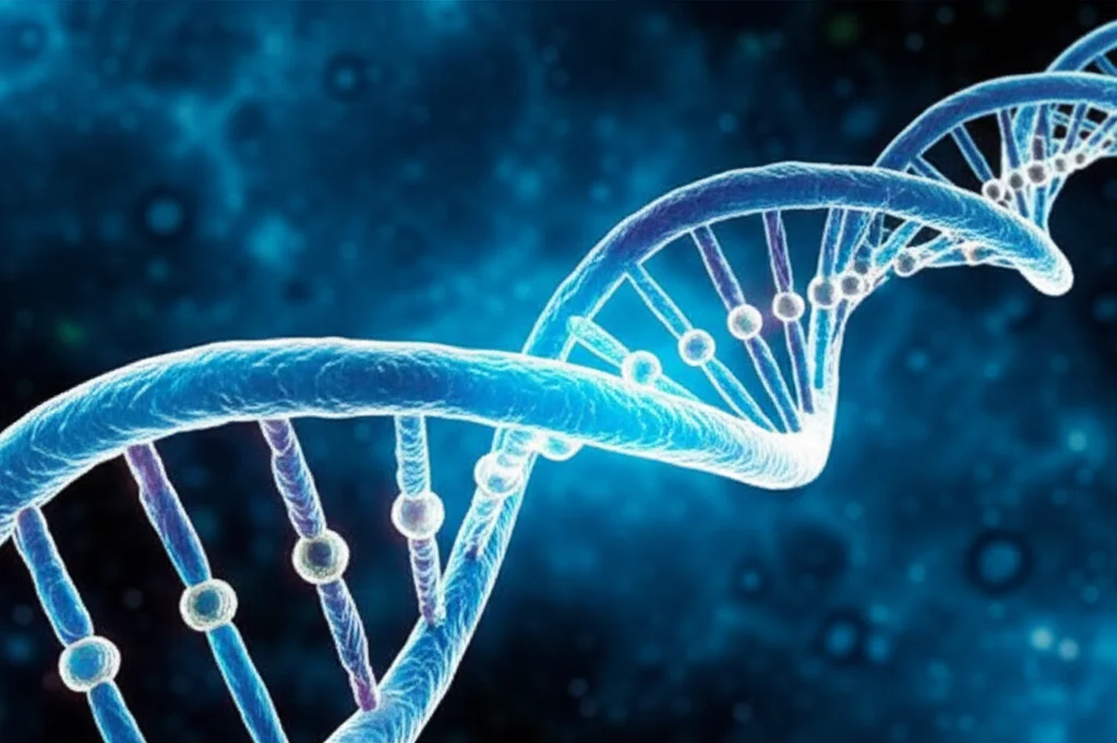Illustrazione concettuale che fonde una doppia elica di DNA stilizzata con circuiti di intelligenza artificiale luminosi, su uno sfondo che richiama cellule tiroidee, simboleggiando l'unione tra genetica (famiglia Tec) e machine learning per la prognosi del cancro tiroideo differenziato, obiettivo 50mm, dettagli elevati, illuminazione drammatica.