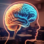 Immagine concettuale di un cervello digitale stilizzato che interagisce con un libro aperto simboleggiando l'apprendimento e la valutazione tramite MCQ, sfondo sfocato di una classe moderna, colori caldi e freddi in duotono (ciano e arancione), obiettivo 50mm, illuminazione suggestiva.