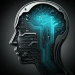 Immagine concettuale di una testa umana stilizzata con ingranaggi e simboli di intelligenza artificiale che si illuminano, rappresentando l'alfabetizzazione sull'IA. Obiettivo prime 24mm, effetto film noir con profondità di campo, colori duotone grigio e ciano.