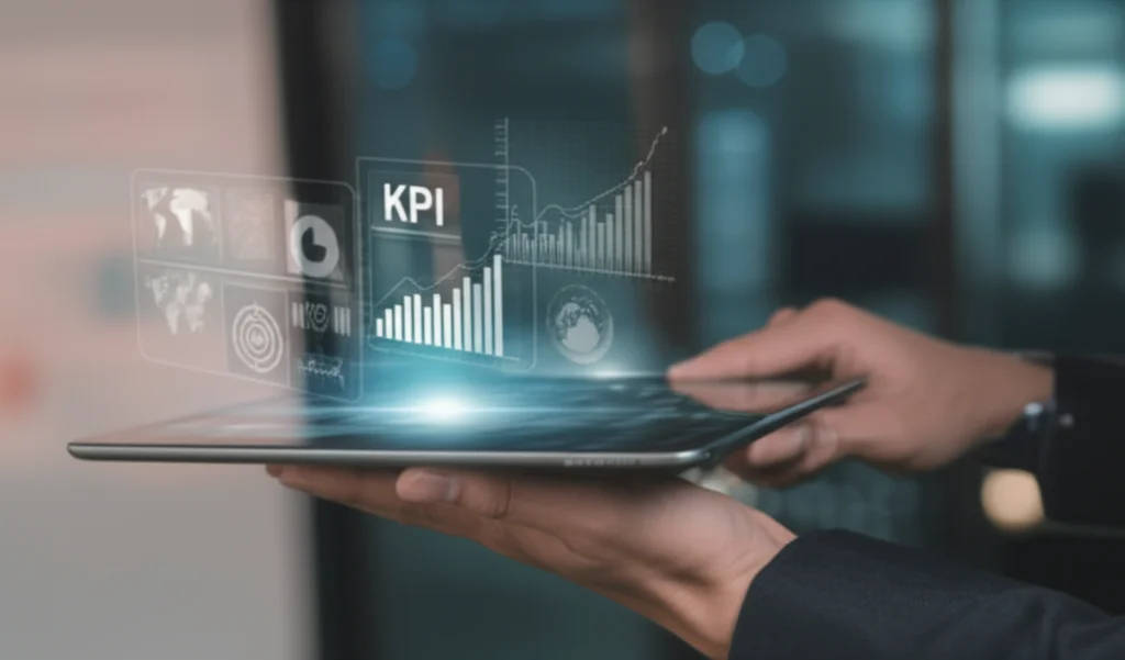 Immagine fotorealistica di un'interfaccia utente di una piattaforma di live streaming e-commerce visualizzata su un tablet tenuto in mano, con grafici di performance e indicatori chiave (KPI) sovrapposti digitalmente in modo olografico. Obiettivo macro 85mm, alta definizione, illuminazione controllata da studio che crea riflessi morbidi sullo schermo, sfondo leggermente sfocato, che mostra l'analisi dei dati in azione per il marketing digitale.