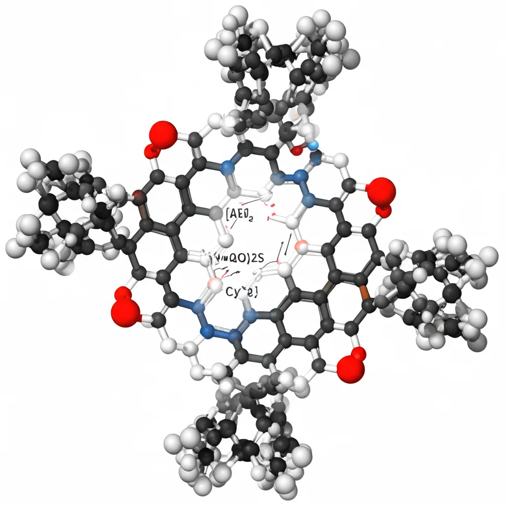 Immagine fotorealistica generata al computer di una molecola organica complessa [(Ar4QD)2S] con un ponte di zolfo, che mostra le sue unità chinodimetaniche. Macro lens, 60mm, high detail, precise focusing, controlled lighting, su uno sfondo astratto che suggerisce trasformazioni redox.