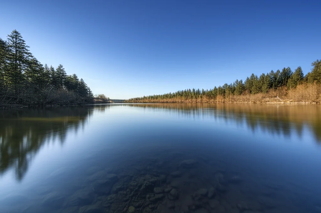 Immagine fotorealistica, obiettivo grandangolare 20mm, che ritrae un fiume pulito e scorrevole che riflette un cielo azzurro, simboleggiando l'acqua purificata dopo il trattamento con ZnFe2O4/PMS, messa a fuoco nitida, effetto acqua liscia ottenuto con lunga esposizione.