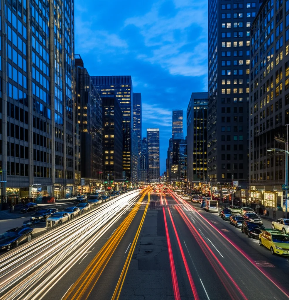 Paesaggio grandangolare, 15 mm, che mostra un dinamico paesaggio urbano di New York al crepuscolo con sentieri leggeri dal traffico, simboleggiano l'attività economica e la crescita, la lunga esposizione, la focalizzazione acuta, le nuvole lisce.