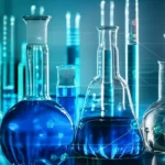 Photorealistic image of a laboratory setting with flasks and scientific equipment, overlaid with a subtle visualization of metabolic pathways or engineered yeast cells, using precise focusing and controlled lighting.