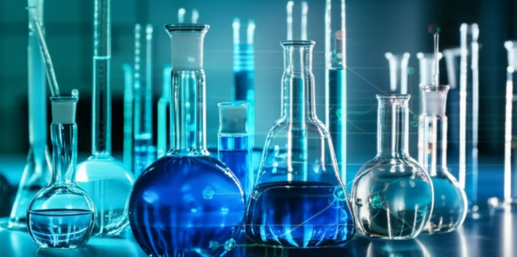 Photorealistic image of a laboratory setting with flasks and scientific equipment, overlaid with a subtle visualization of metabolic pathways or engineered yeast cells, using precise focusing and controlled lighting.