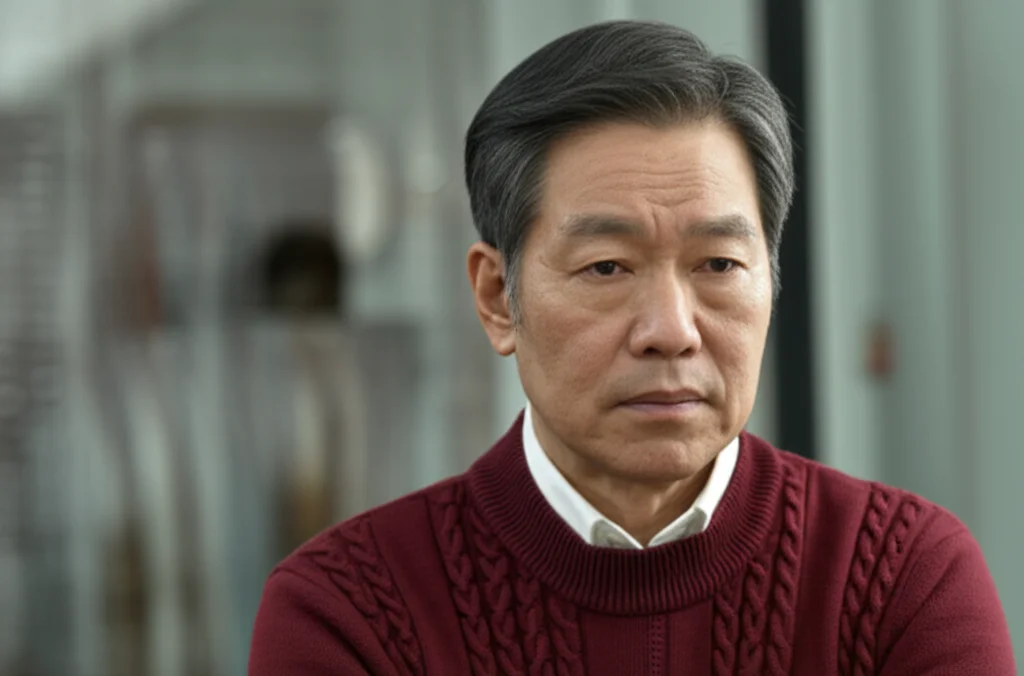 Portrait of a middle-aged Korean adult, 35mm portrait, depth of field, expressing thoughtful concern.