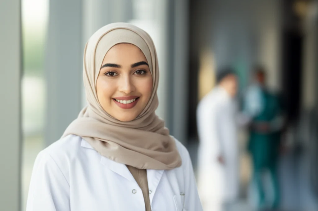 Primo piano di una infermiera specializzata saudita, donna, con hijab e camice medico, che sorride con fiducia e professionalità in un ambiente ospedaliero moderno e luminoso. 35mm portrait, depth of field, colori caldi e accoglienti, luce naturale laterale.