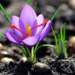 Primo piano macro di un fiore di zafferano (Crocus sativus) in piena fioritura, con i suoi stigmi rossi brillanti. Sullo sfondo, sfocati, si intravedono cormi sani e terriccio fertile, con una leggera luminescenza bluastra a simboleggiare l'azione protettiva del Bacillus velezensis. Obiettivo macro 60mm, illuminazione controllata per esaltare i colori vividi del fiore e la texture dei petali, alta definizione, precise focusing.