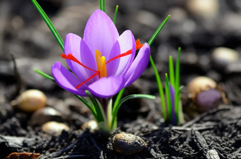 Primo piano macro di un fiore di zafferano (Crocus sativus) in piena fioritura, con i suoi stigmi rossi brillanti. Sullo sfondo, sfocati, si intravedono cormi sani e terriccio fertile, con una leggera luminescenza bluastra a simboleggiare l'azione protettiva del Bacillus velezensis. Obiettivo macro 60mm, illuminazione controllata per esaltare i colori vividi del fiore e la texture dei petali, alta definizione, precise focusing.