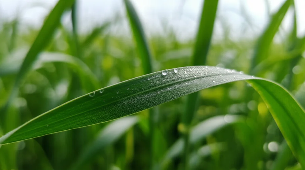 Primo piano macro di una foglia di grano sana e verde brillante, con nanoparticelle d'argento visibili come minuscole goccioline di rugiada scintillanti. Lo sfondo è un campo di grano dolcemente sfocato sotto un cielo sereno, che suggerisce resilienza e salute. Obiettivo macro, 90mm, alta definizione, messa a fuoco precisa, illuminazione naturale ma valorizzata per esaltare i dettagli.