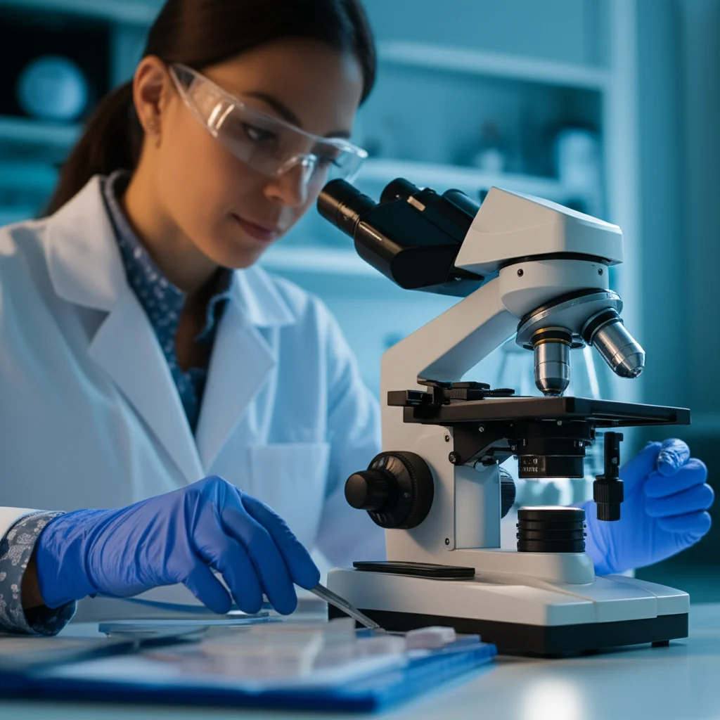 Ricercatrice in un laboratorio moderno che analizza campioni di siero al microscopio per lo studio del lupus e dei metaboliti come la taurina. Luce da laboratorio brillante, messa a fuoco precisa sull'attrezzatura, obiettivo macro 60mm.