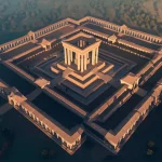 Ricostruzione digitale fotorealistica di un complesso di templi asiatici antichi all'interno di un ambiente metaverso vibrante. Vista aerea con drone virtuale, obiettivo grandangolare 20mm, illuminazione dorata dell'alba che esalta le texture e i dettagli architettonici, alta definizione.