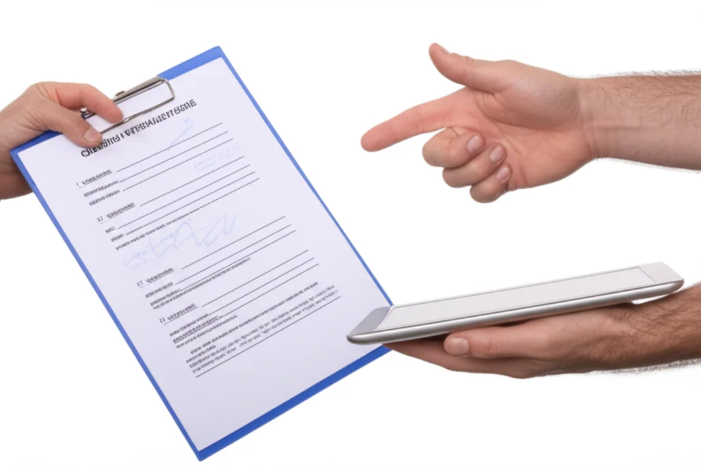 Un'immagine concettuale che mostra due mani che si incontrano al centro. Una mano tiene un questionario cartaceo con risposte scritte a mano, simbolo dell'autovalutazione. L'altra mano indica uno schermo di computer o tablet su cui sono visibili codici alfanumerici e grafici stilizzati di dati sanitari, simbolo dei dati assicurativi. L'illuminazione è da studio, morbida e professionale, con un obiettivo da 50mm che crea una profondità di campo moderata, mettendo a fuoco le mani e i documenti/schermo, mentre lo sfondo rimane leggermente sfocato per non distrarre. L'immagine suggerisce confronto, integrazione e la ricerca di accuratezza.