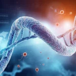 Visualizzazione artistica di una doppia elica di DNA che si intreccia con cellule tumorali della vescica stilizzate, su uno sfondo che suggerisce un'analisi computazionale con grafici e dati. Prime lens, 35mm, depth of field, duotone blu e arancione per rappresentare il conflitto tra malattia e ricerca.