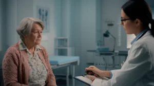 A concerned elderly female patient discussing with a compassionate female doctor in a bright, modern emergency department consultation room. 35mm portrait, depth of field, soft natural light, conveying empathy and care in AFib diagnosis.
