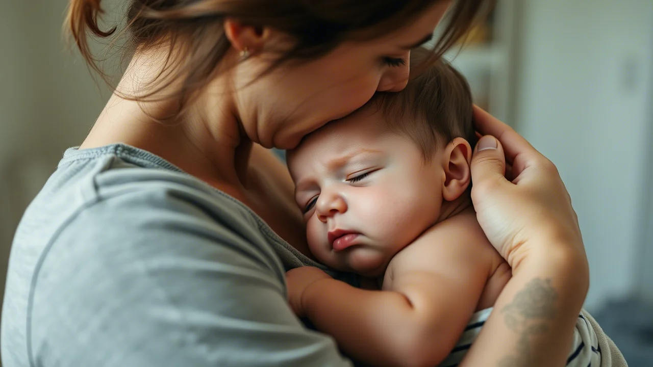 A parent gently holding and soothing an infant, suggesting relief from discomfort, 35mm portrait lens, depth of field.