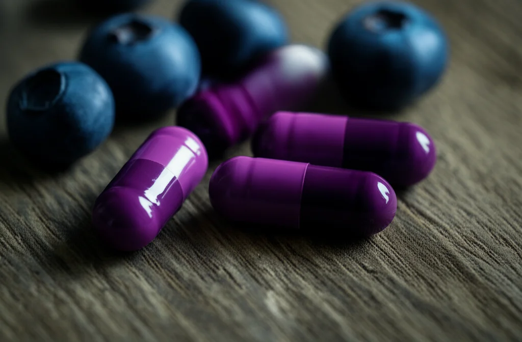 Fotografia macro di capsule contenenti polvere viola scuro di antociani accanto a mirtilli e ribes nero freschi su una superficie di legno rustico, lente macro 80mm, alta definizione, illuminazione morbida e controllata, focus selettivo sulle capsule.