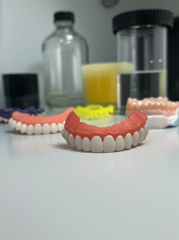 Fotografia still life di diverse basi per protesi dentali stampate in 3D e una convenzionale, alcune lucidate, altre vetrificate, disposte su un tavolo da laboratorio dentale pulito. Luce da studio controllata, lente macro 90mm, alta definizione, focus preciso sulle differenze superficiali.