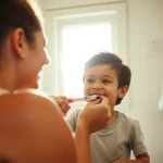 Genitore sorridente che aiuta il proprio bambino piccolo a lavarsi i denti davanti allo specchio del bagno, scena illuminata dalla luce naturale del mattino che entra dalla finestra, atmosfera calda e familiare, ritratto scattato con lente 35mm, leggera profondità di campo per mantenere a fuoco entrambi i soggetti.