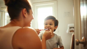 Genitore sorridente che aiuta il proprio bambino piccolo a lavarsi i denti davanti allo specchio del bagno, scena illuminata dalla luce naturale del mattino che entra dalla finestra, atmosfera calda e familiare, ritratto scattato con lente 35mm, leggera profondità di campo per mantenere a fuoco entrambi i soggetti.