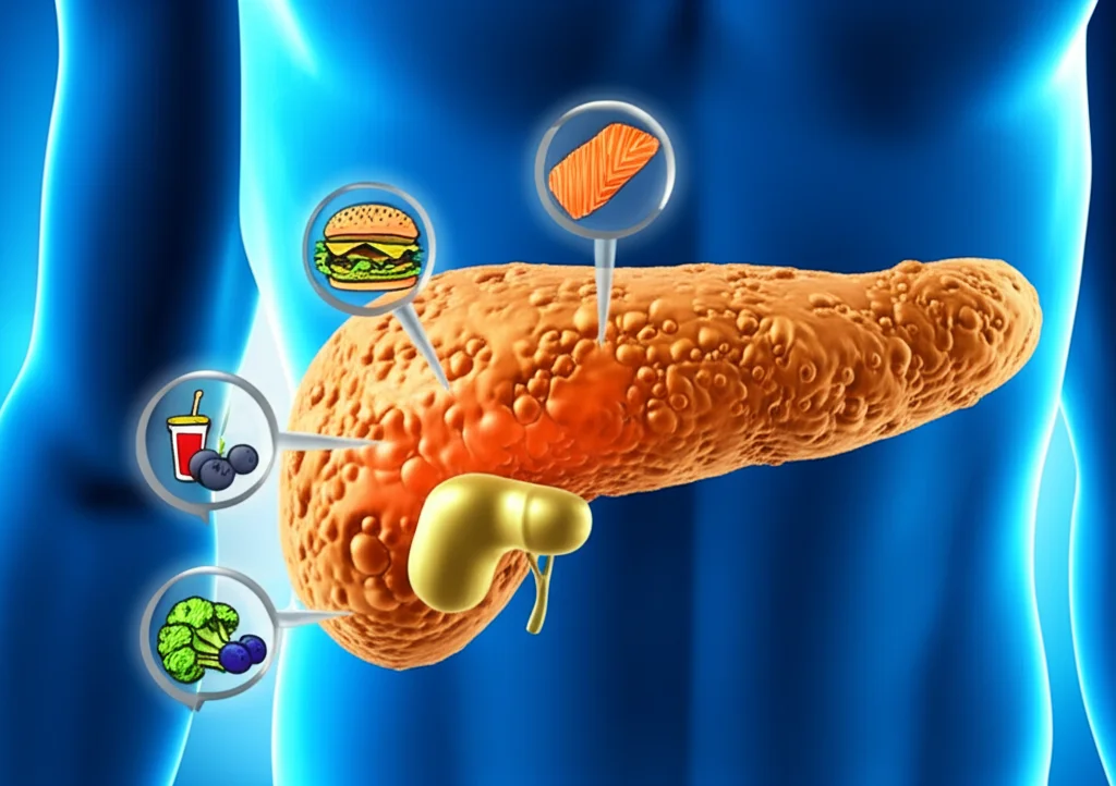 Illustrazione medica che mostra un pancreas umano con evidenti accumuli di grasso giallastro, circondato da icone stilizzate di cibi infiammatori (hamburger, bibite gassate) e anti-infiammatori (broccoli, salmone, bacche), simboleggiando la scelta dietetica. Alta definizione, illuminazione drammatica che enfatizza il pancreas malato.