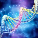 Immagine artistica e fotorealistica di una doppia elica di DNA con modificazioni epigenetiche (gruppi metilici) visualizzate come piccole sfere luminose colorate adese ai filamenti. Lo sfondo è un astratto pattern cellulare in tonalità blu e viola. Obiettivo prime 50mm, profondità di campo accentuata, illuminazione drammatica laterale per evidenziare le modificazioni e la tridimensionalità del DNA.
