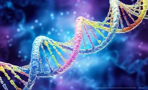 Immagine artistica e fotorealistica di una doppia elica di DNA con modificazioni epigenetiche (gruppi metilici) visualizzate come piccole sfere luminose colorate adese ai filamenti. Lo sfondo è un astratto pattern cellulare in tonalità blu e viola. Obiettivo prime 50mm, profondità di campo accentuata, illuminazione drammatica laterale per evidenziare le modificazioni e la tridimensionalità del DNA.