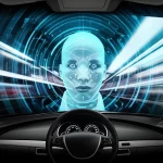 Immagine fotorealistica di un sistema di intelligenza artificiale avanzato che monitora il volto di un guidatore attraverso una telecamera sul cruscotto, evidenziando digitalmente occhi e bocca per rilevare segni di stanchezza, obiettivo 35mm, alta tecnologia, concetto di sicurezza stradale.