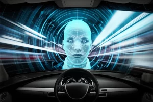 Immagine fotorealistica di un sistema di intelligenza artificiale avanzato che monitora il volto di un guidatore attraverso una telecamera sul cruscotto, evidenziando digitalmente occhi e bocca per rilevare segni di stanchezza, obiettivo 35mm, alta tecnologia, concetto di sicurezza stradale.