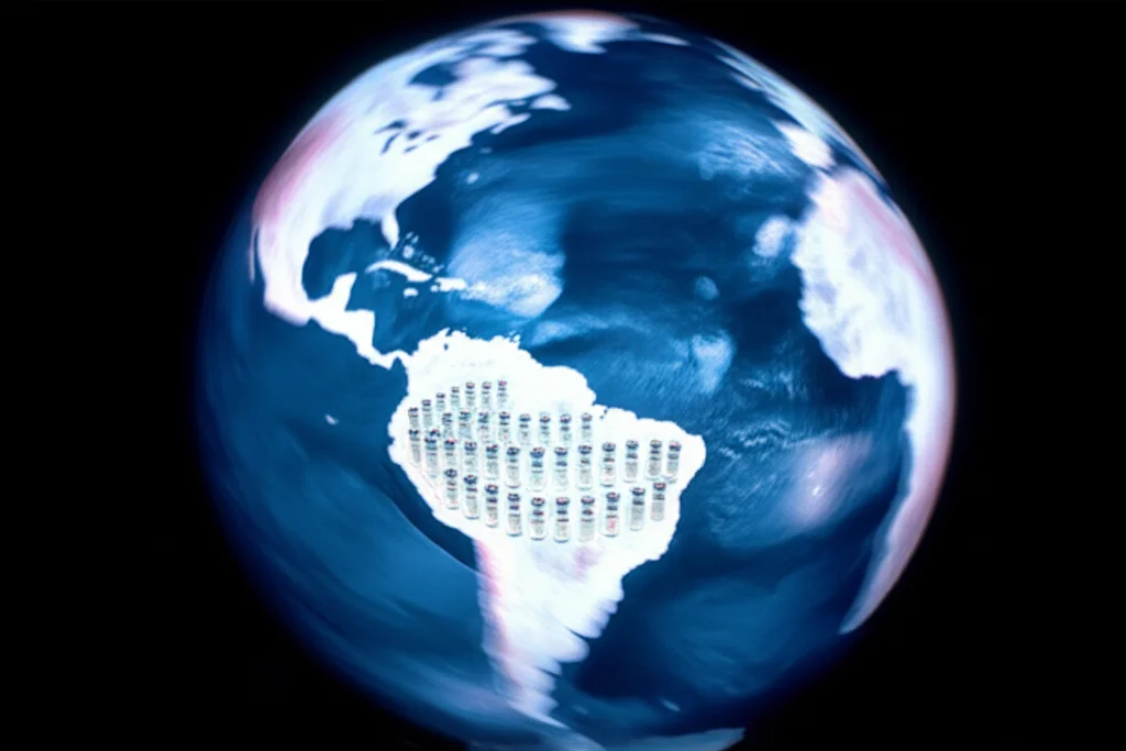 Immagine grandangolare, obiettivo 10mm, che mostra un paesaggio globale stilizzato con diverse aree illuminate in modo diseguale, a simboleggiare le disparità socioeconomiche nell'accesso ai vaccini. Alcune aree sono luminose e ben servite (rappresentate da file ordinate di fiale di vaccino), altre sono in ombra con poche risorse visibili. Lungo tempo di esposizione per dare un senso di dinamica e cambiamento nel tempo.