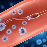 Immagine medica concettuale che illustra l'infusione chemioterapica arteriosa epatica (HAIC) in un paziente con epatocarcinoma. Focus su un'arteria epatica con un catetere, sfondo di cellule tumorali e farmaci. Macro lens, 100mm, alta definizione, illuminazione controllata per evidenziare il processo terapeutico.