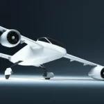 Photorealistic image of a futuristic electric aircraft concept with ducted fans embedded in the wings, wide-angle lens, 24mm, sharp focus.