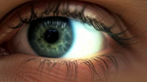 Primo piano di un occhio umano durante un esame oftalmologico, con luce focalizzata sulla pupilla e dettagli della retina visibili sullo sfondo. Obiettivo prime 35mm, profondità di campo per isolare l'occhio, illuminazione clinica.