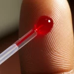 Primo piano di una goccia di sangue prelevata da un dito per un test rapido della malaria in un contesto rurale ugandese. Obiettivo macro 100mm, alta definizione, messa a fuoco selettiva sulla goccia di sangue e sulla lancetta pungidito, sfondo leggermente sfocato che suggerisce una clinica o un'abitazione locale.