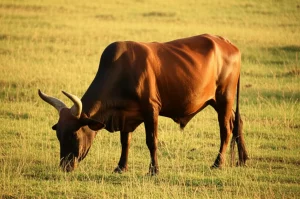 Ritratto fotografico di un bovino Boran sano in un rigoglioso pascolo etiope, obiettivo 35mm, luce dorata del tardo pomeriggio, profondità di campo media per mostrare sia l'animale che l'ambiente, simbolo della potenziale ricchezza zootecnica minacciata dall'Afta Epizootica.