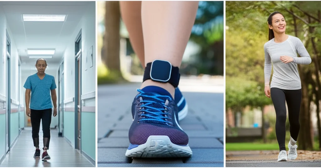 Un collage di immagini: a sinistra, un paziente che esegue un test di cammino in un corridoio clinico; al centro, un primo piano di un sensore IMU indossato su una scarpa; a destra, una persona che cammina con fiducia in un parco. Prime lens, 35mm, colori vivaci e un senso generale di progresso e tecnologia al servizio della salute.