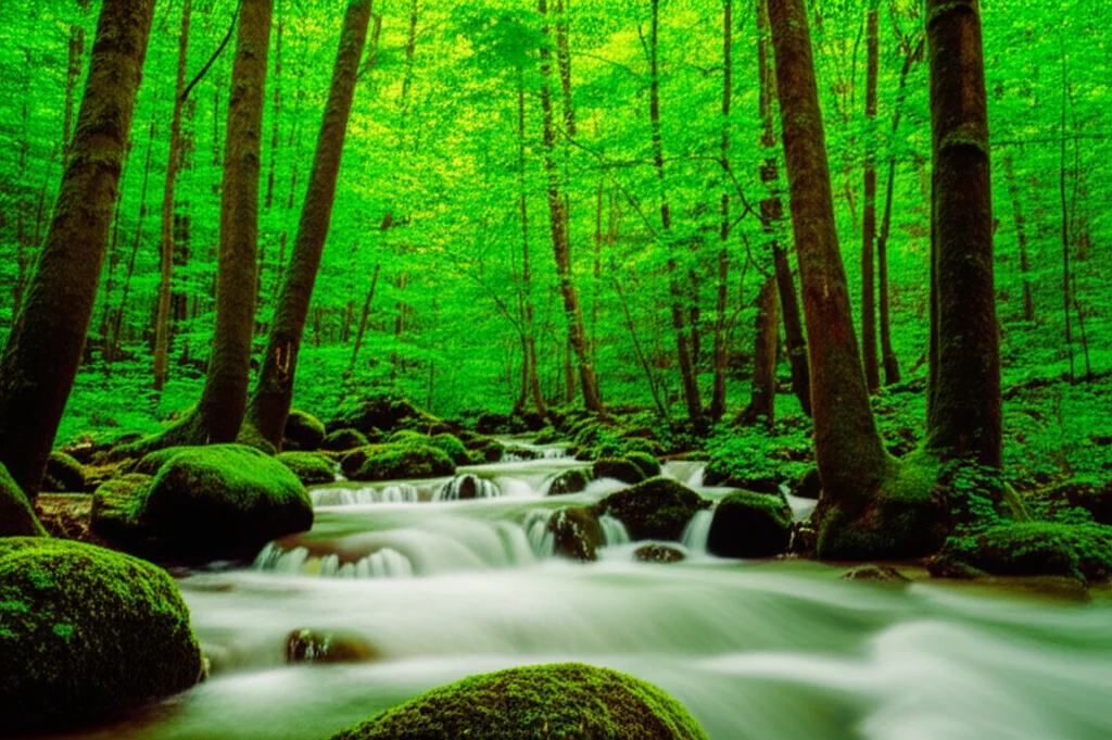 Un paesaggio lussureggiante e rigenerato, con alberi verdi e acqua pulita che scorre, simbolo del capitalismo rigenerativo, fotografia grandangolare con obiettivo da 15mm, lunga esposizione per acqua setosa, colori vividi e focus nitido sull'ecosistema fiorente.