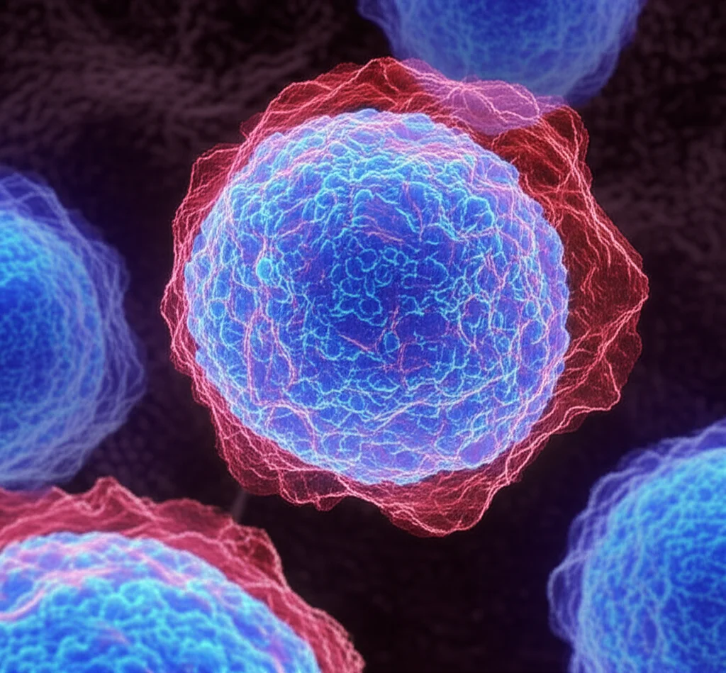 Visualizzazione 3D fotorealistica di cellule di epatocarcinoma (HCC) con la proteina USP18 evidenziata in modo prominente in colore rosso brillante, che interagisce con le membrane del reticolo endoplasmatico (in blu traslucido). Dettagli cellulari ad alta definizione, illuminazione drammatica da laboratorio che crea ombre profonde, obiettivo macro 90mm, profondità di campo ridotta per focalizzare sull'interazione USP18-ER.