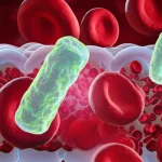 Concetto astratto di biomarcatori nel sangue con molecole di GFAP stilizzate che fluttuano tra globuli rossi e una rappresentazione schematica della barriera emato-encefalica. Macro lens, 60mm, high detail, precise focusing, illuminazione drammatica per evidenziare le molecole.