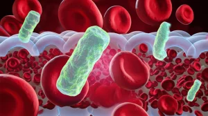 Concetto astratto di biomarcatori nel sangue con molecole di GFAP stilizzate che fluttuano tra globuli rossi e una rappresentazione schematica della barriera emato-encefalica. Macro lens, 60mm, high detail, precise focusing, illuminazione drammatica per evidenziare le molecole.