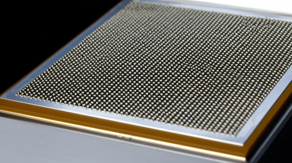 Fotografia macro di un prototipo di propulsore electrospray a pannello piatto, mostrando l'array di emettitori capillari su substrato poroso, obiettivo macro 90mm, alta definizione, illuminazione controllata da studio per enfatizzare la texture e i micro-dettagli, messa a fuoco precisa sull'array.