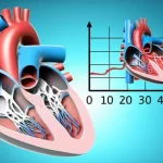 Illustrazione medica dettagliata di un cuore umano con le arterie polmonari evidenziate in blu e rosso per mostrare il flusso sanguigno. Accanto, un grafico stilizzato mostra una linea di pressione che scende da un picco elevato a un livello normale durante una barra che simboleggia l'esercizio. L'immagine è realizzata con una tecnica fotorealistica, come se fosse una fotografia macro con lente da 90mm, alta definizione dei dettagli anatomici e un'illuminazione da studio che crea ombre morbide e riflessi realistici.