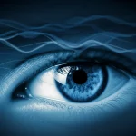 Immagine concettuale di onde cerebrali EEG astratte che si trasformano in un occhio umano stilizzato e focalizzato, simboleggiando la predizione dello sguardo. Illuminazione high-tech, obiettivo prime da 50mm, profondità di campo, duotone blu elettrico e argento metallizzato.