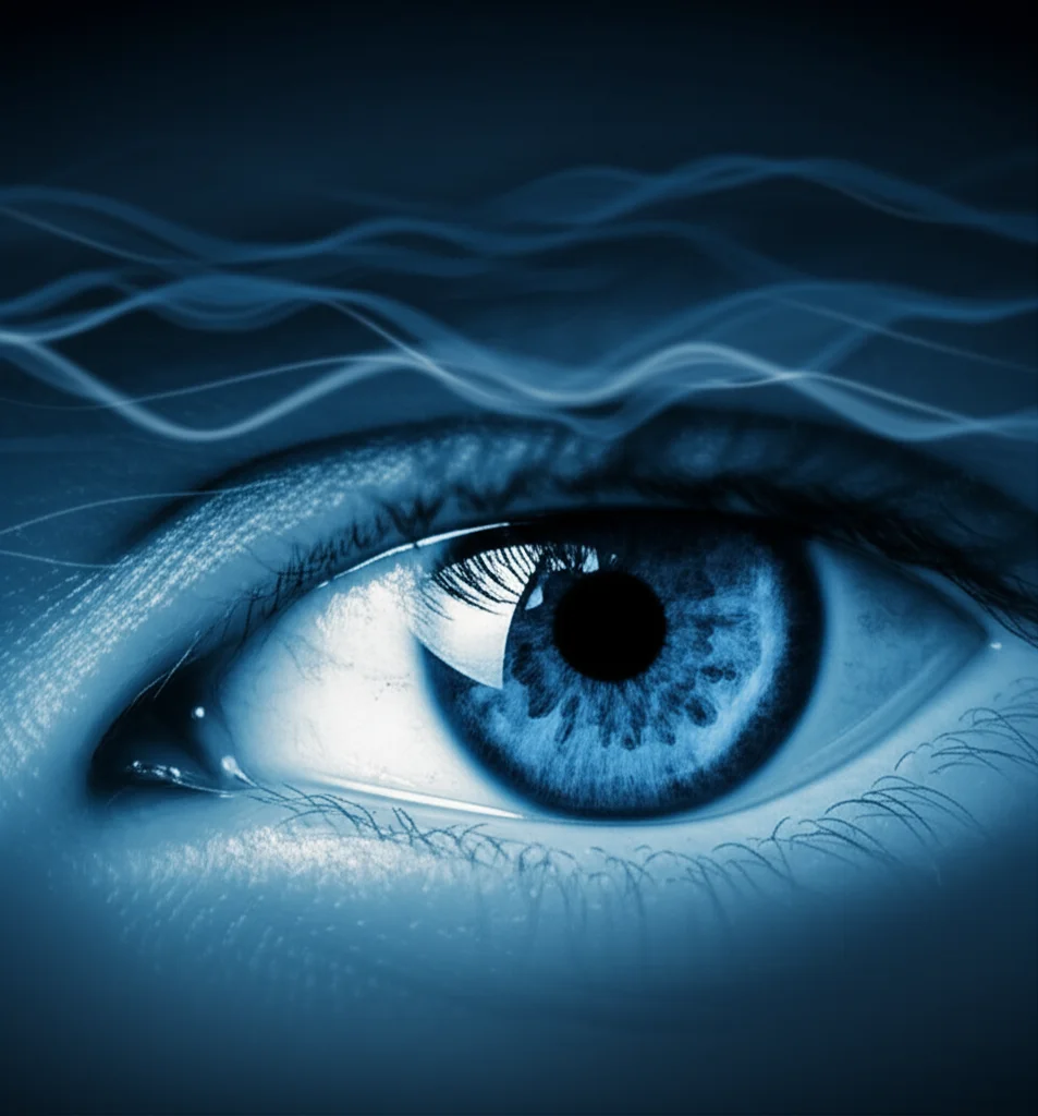 Immagine concettuale di onde cerebrali EEG astratte che si trasformano in un occhio umano stilizzato e focalizzato, simboleggiando la predizione dello sguardo. Illuminazione high-tech, obiettivo prime da 50mm, profondità di campo, duotone blu elettrico e argento metallizzato.