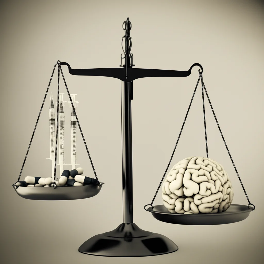 Immagine concettuale di una bilancia medica. Su un piatto, pillole e siringhe simboleggianti la profilassi; sull'altro, un cervello stilizzato o un grafico di rischio paziente, a rappresentare la valutazione del rischio. Prime lens, 35mm, depth of field, duotone seppia e ciano per un look analitico ma umano.