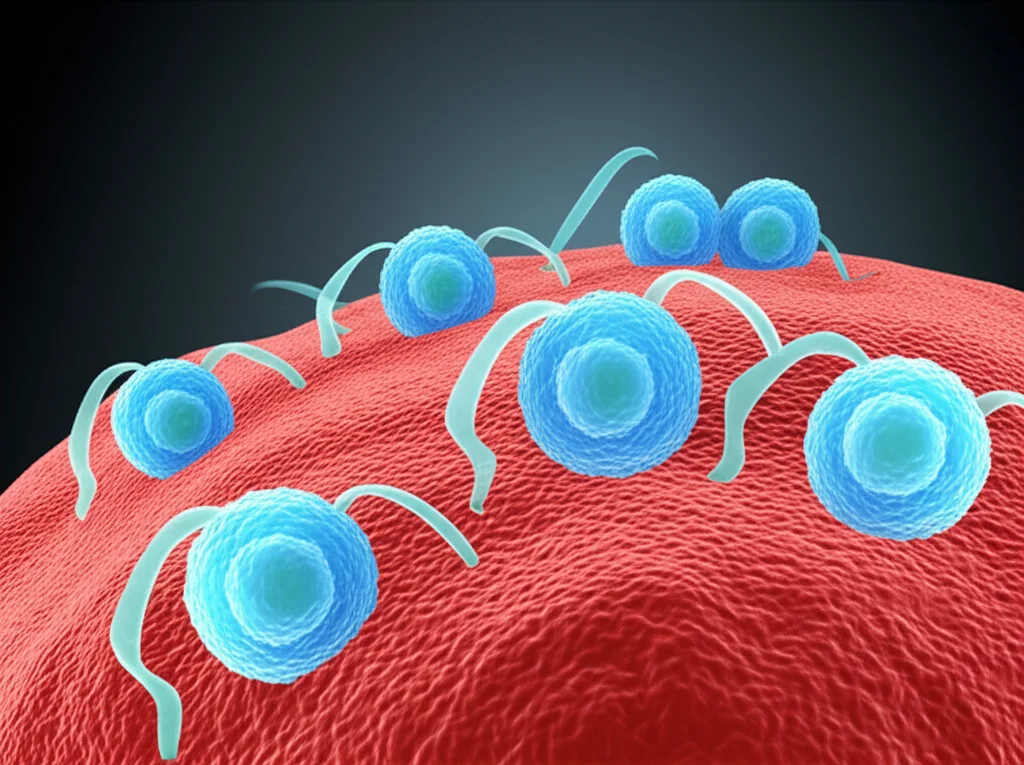 Immagine concettuale fotorealistica di cellule T (linfociti) che interagiscono con cellule tumorali del timoma, con il prednisone rappresentato come una molecola che modula questa interazione. Obiettivo prime, 50mm, profondità di campo per mettere a fuoco l'interazione cellulare, illuminazione drammatica per evidenziare la complessità del processo biologico.