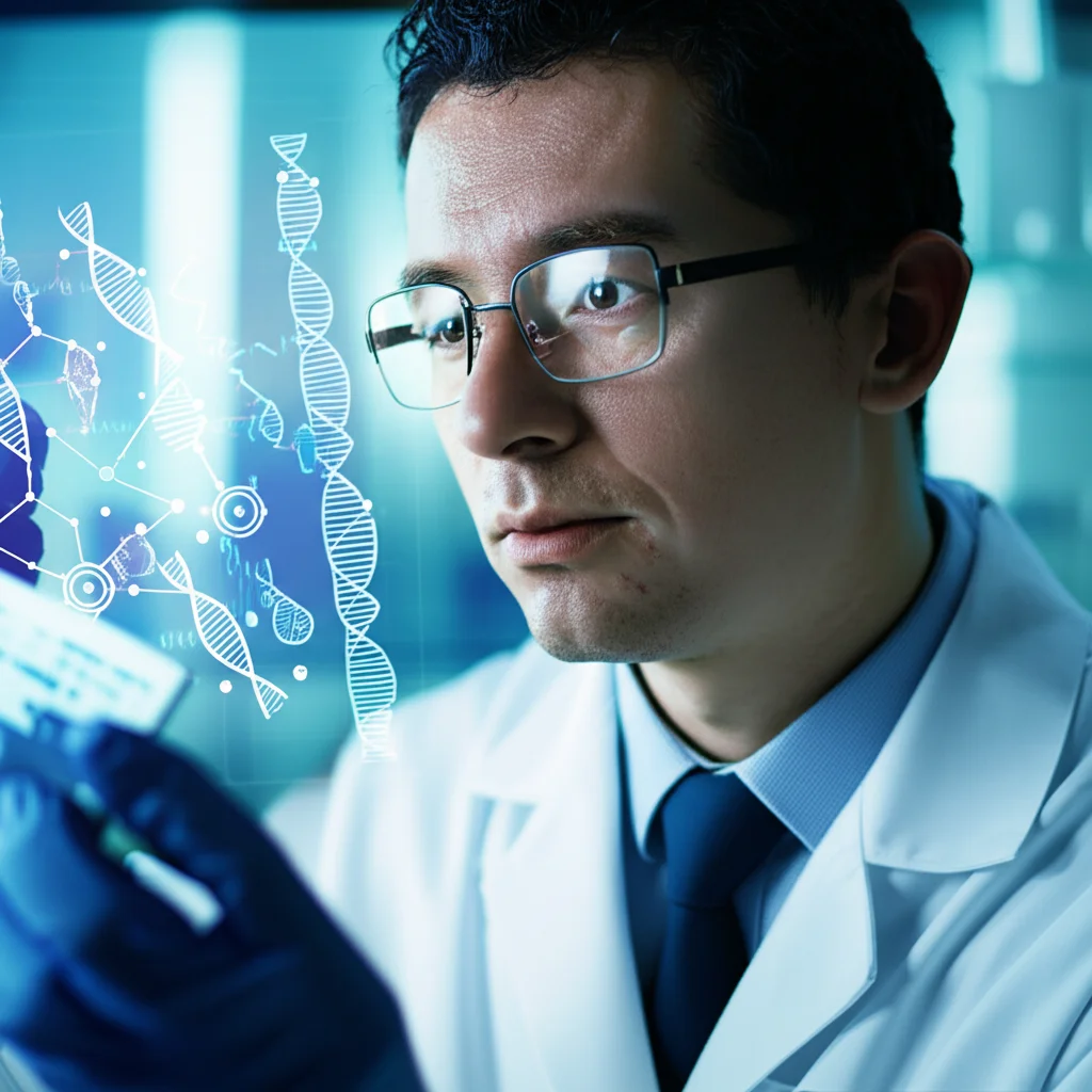 Photorealistic image of a researcher examining data related to Behçet's disease, with abstract elements representing microRNAs, 35mm portrait, depth of field, scientific and medical research context
