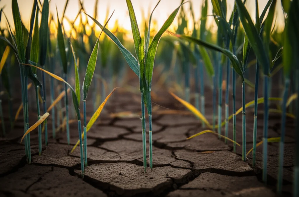 Pianta di orzo resiliente che cresce in un terreno arido e screpolato, fotografia still life, obiettivo macro 70mm, alta definizione, luce del tardo pomeriggio che crea lunghe ombre e un'atmosfera drammatica, con gocce di rugiada simulate sulle foglie a simboleggiare la speranza e la tenacia della vita vegetale.